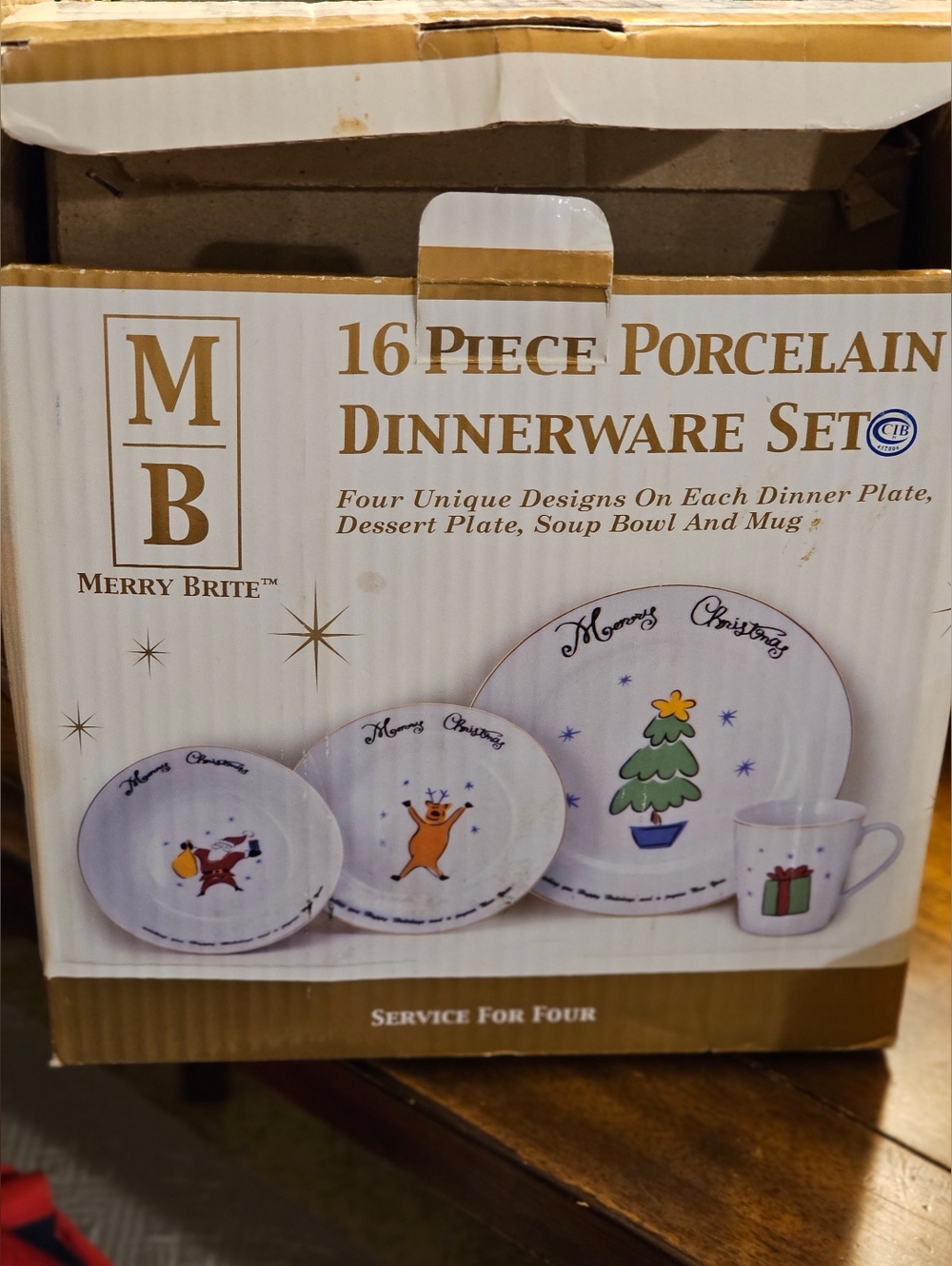 Merry Brite Christmas White Porcelain 16 Piece Dinnerware Set Holiday Design NEW